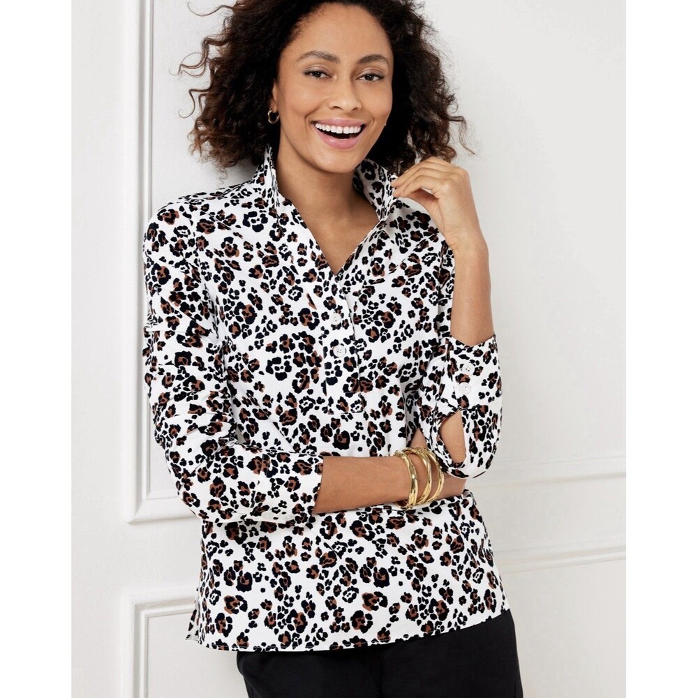 Talbots Womens 1X Non-Iron Popover Top Luxuriant Leopard Career Animal Print